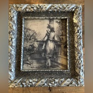 Vintage Artini arts Inc Engraving masterpiece  Girl with Bird